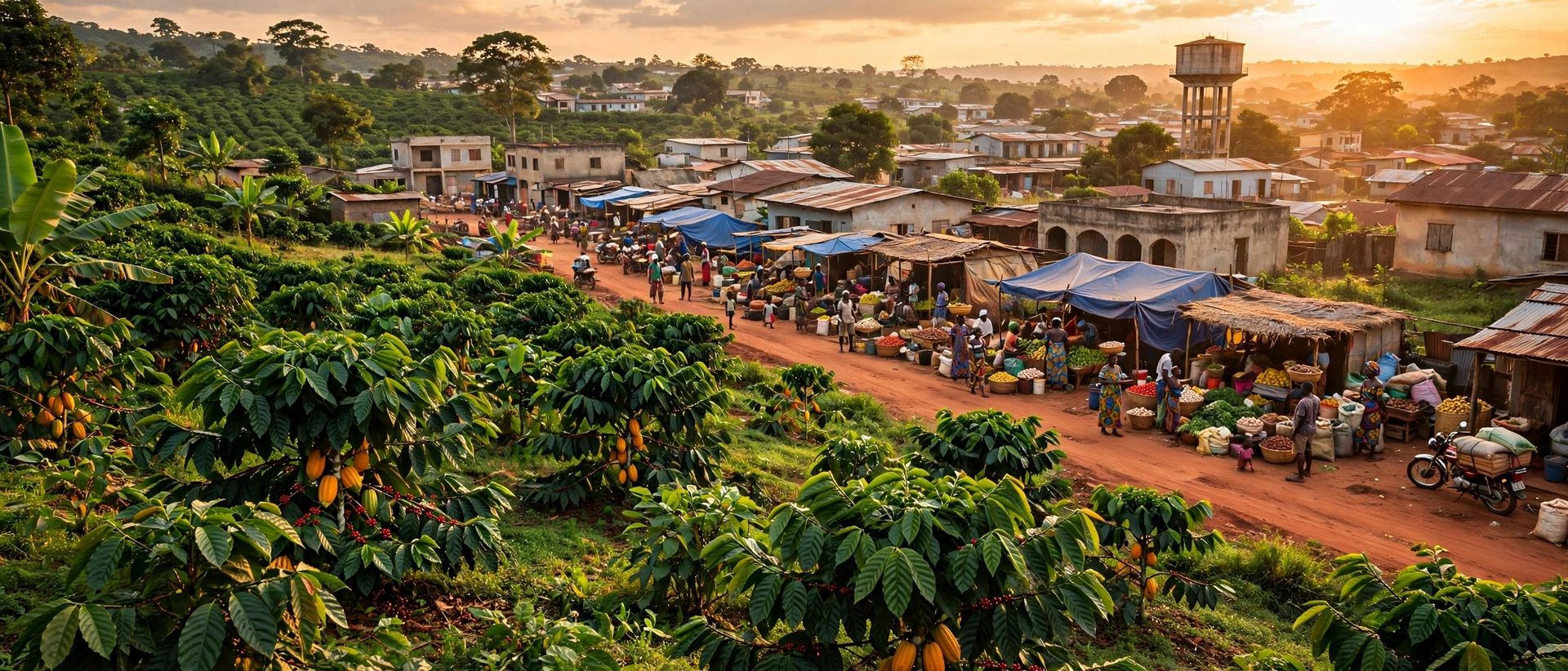Plantations de café et de cacao, route de terre rouge et marché de Vavoua au couchant